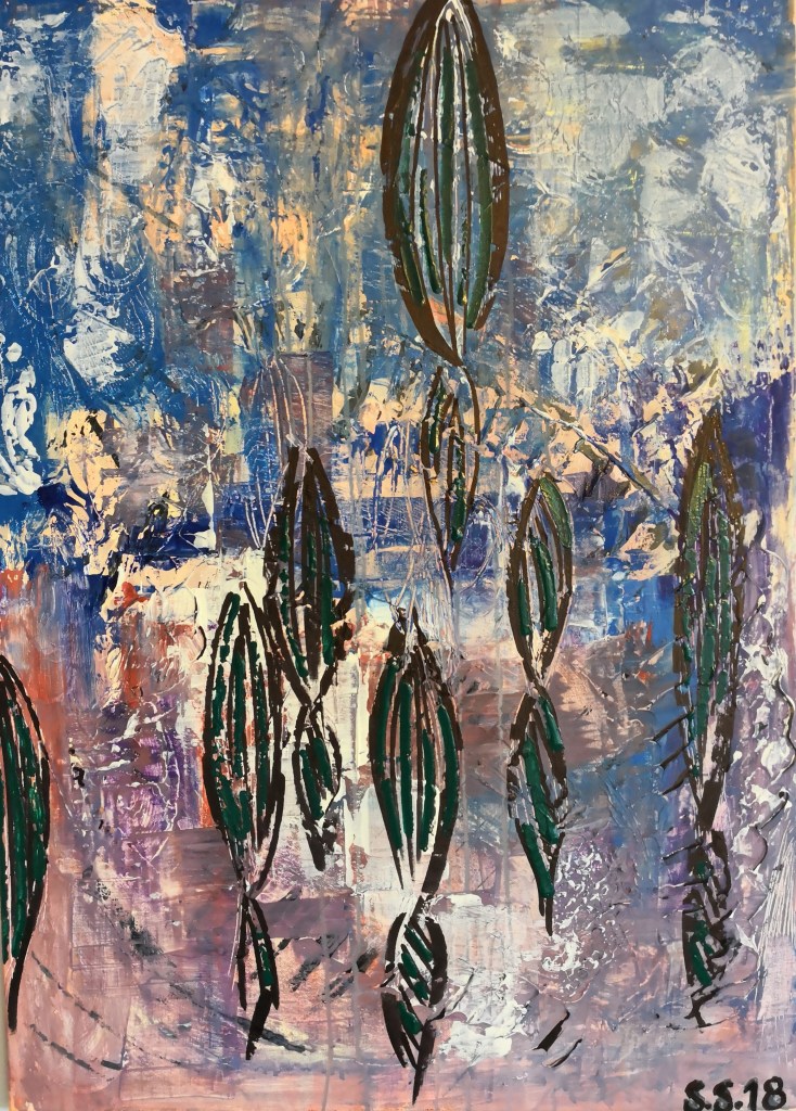 Parviäly, 2018. Akryyli ja tussi kankaalle. 