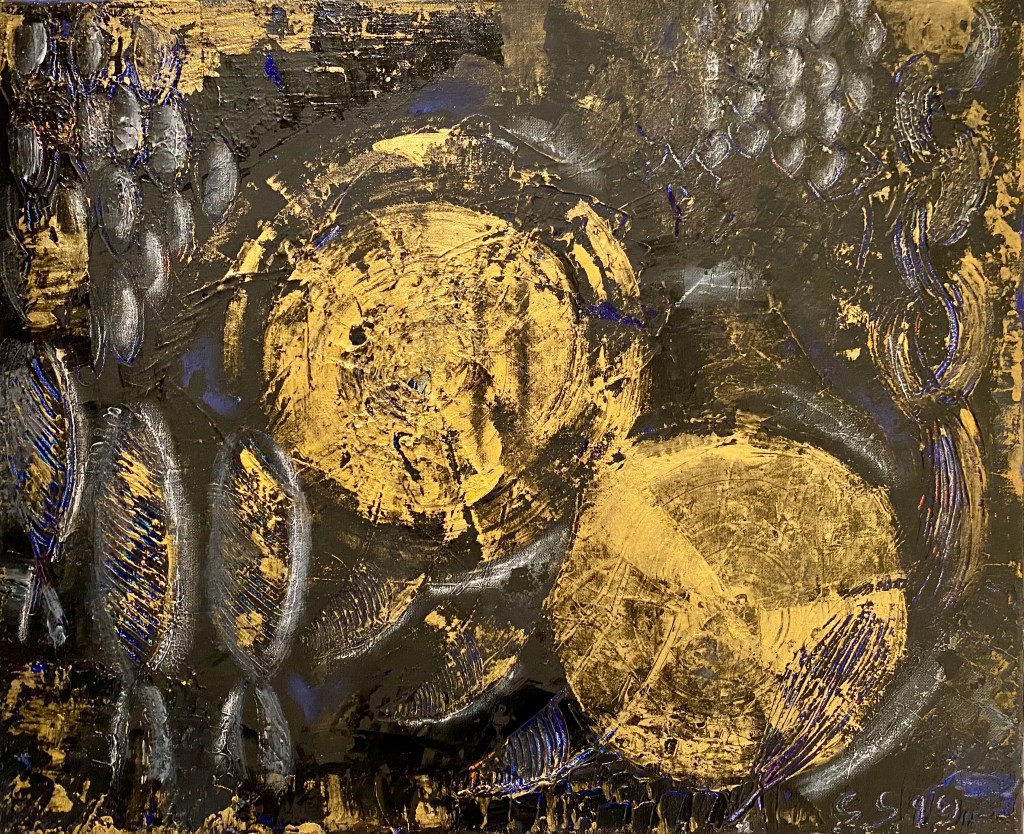 Nimetön, 2019. Öljy, akryyli ja pastelli kankaalle.